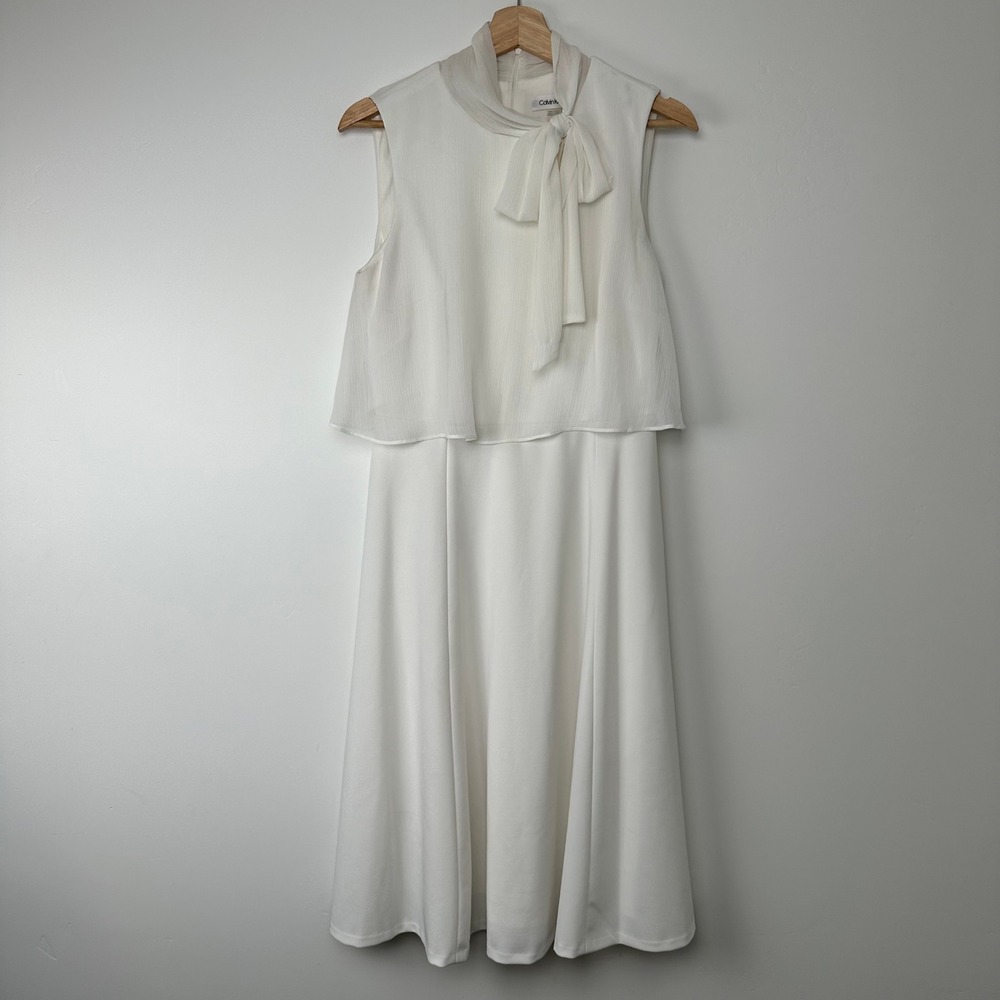 Calvin Klein Layered Tie Neck Midi Dress Women 8 White Sleeveless Chiffon Bow